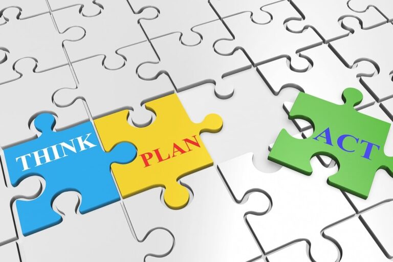 Puzzle with inscriptions: think, plan, act.