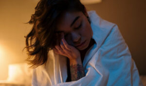 The woman is tired and cannot sleep.